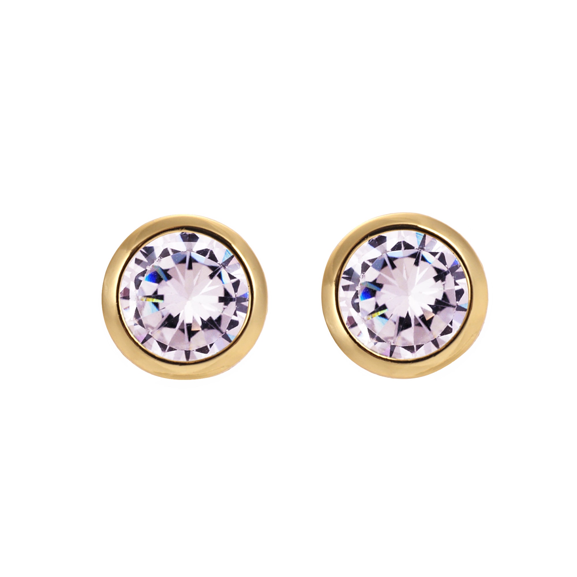 A pair of round CZ solitaire stud earrings in yellow gold over sterling silver with a bezel set design.