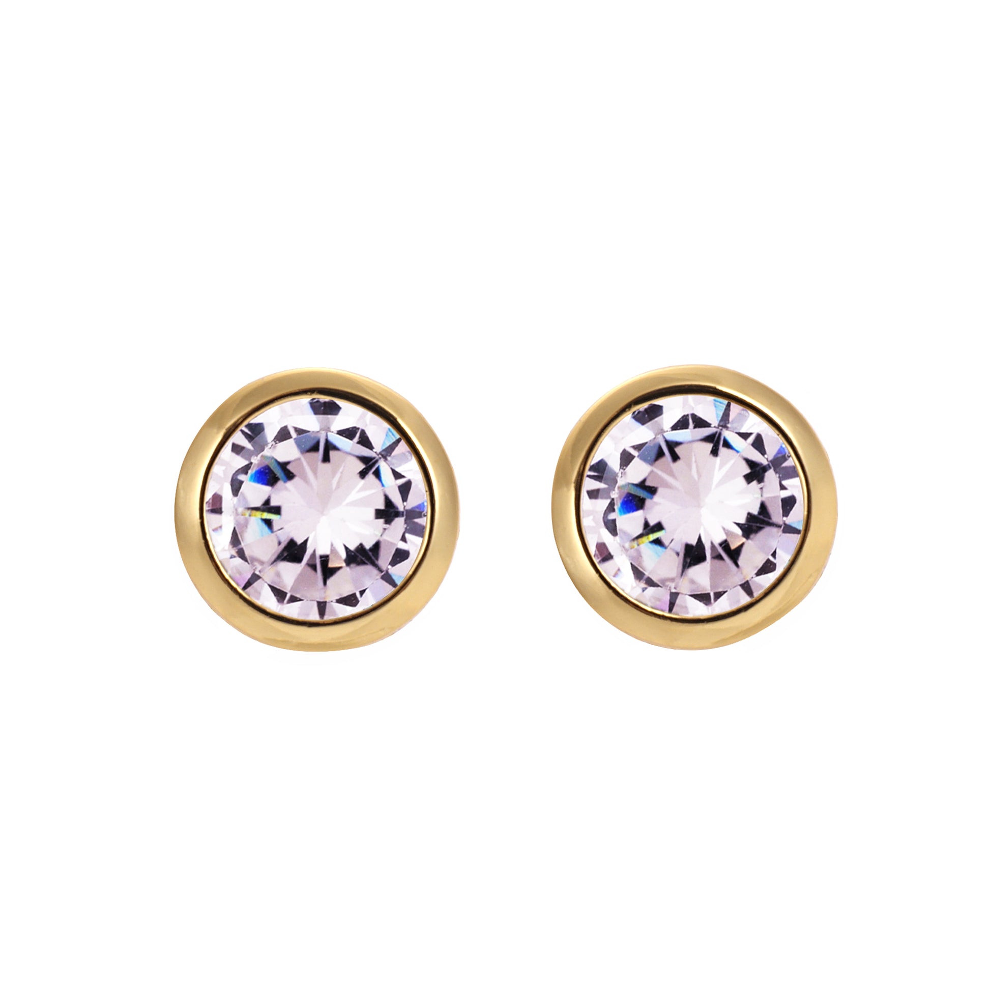 A pair of round CZ solitaire stud earrings in yellow gold over sterling silver with a bezel set design.