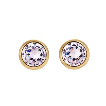 A pair of round CZ solitaire stud earrings in yellow gold over sterling silver with a bezel set design.