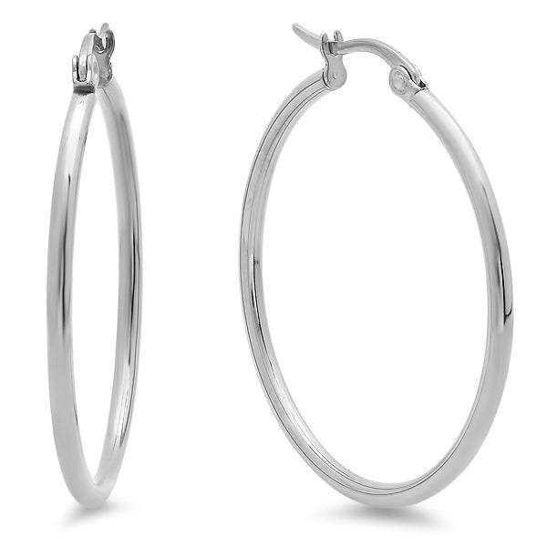 A pair of stainless steel hoop earrings with a polished finish