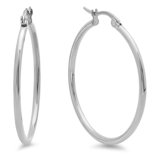 A pair of stainless steel hoop earrings with a polished finish