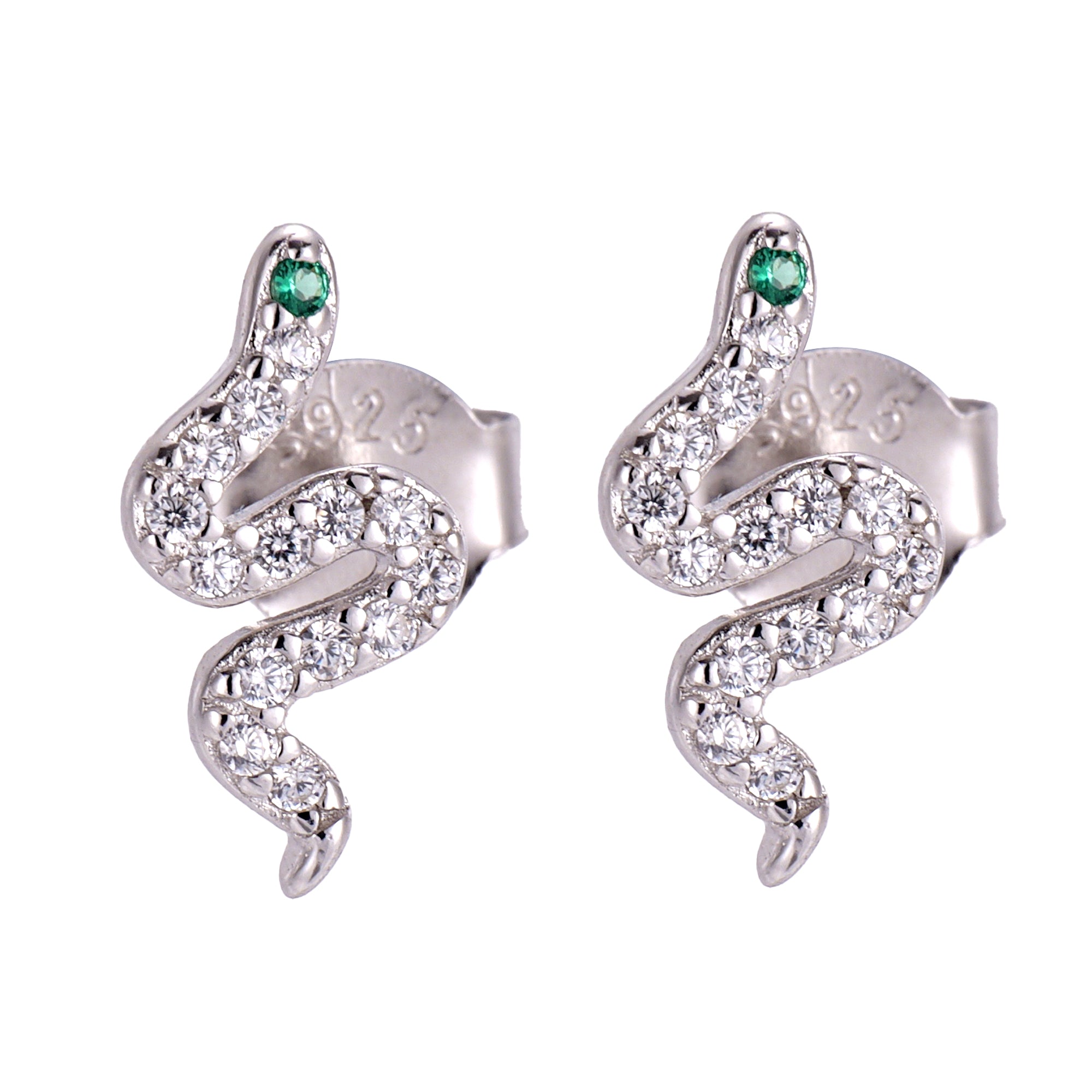 A pair of sterling silver earrings featuring a delicate snake motif with sparkling CZ accents.