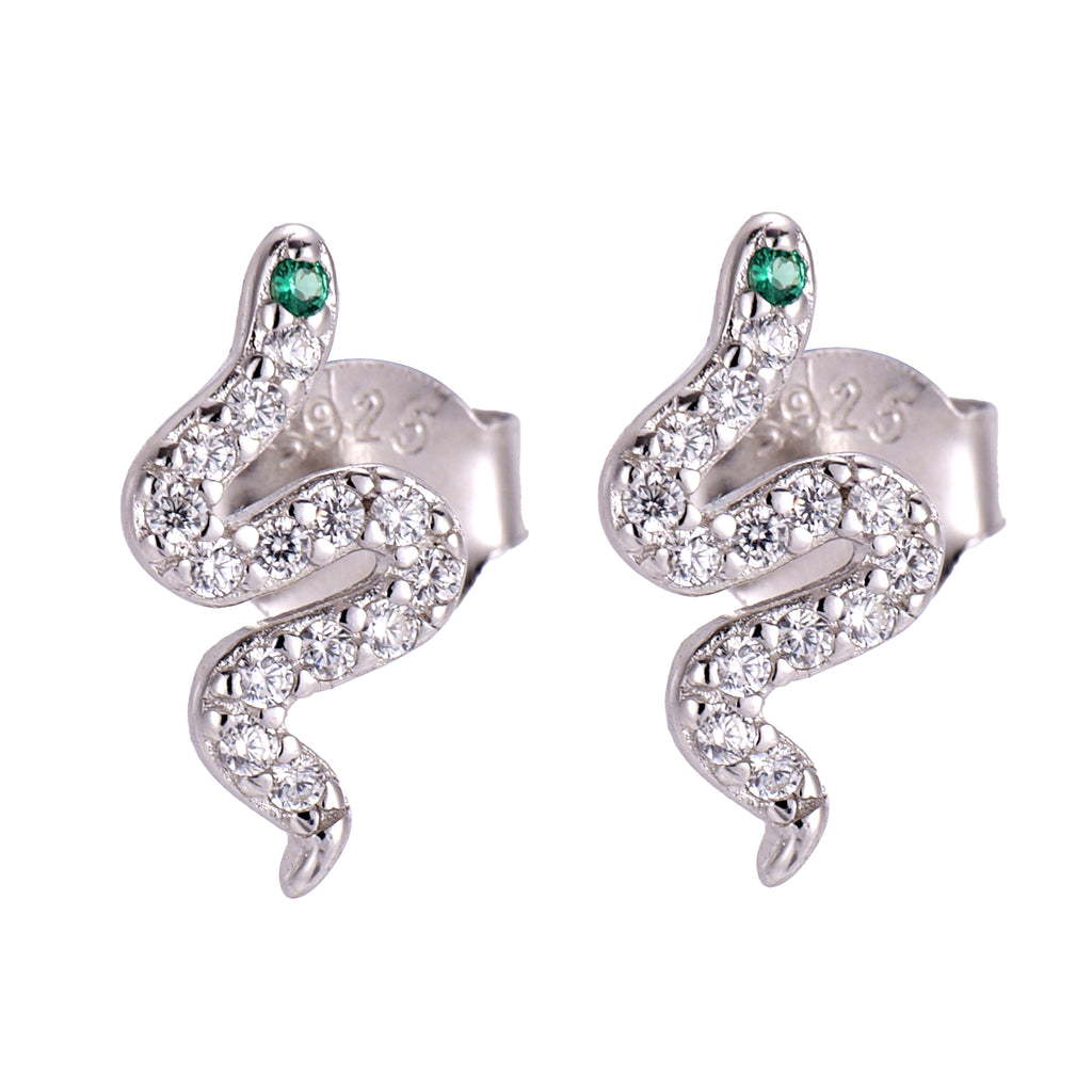 A pair of sterling silver earrings featuring a delicate snake motif with sparkling CZ accents.