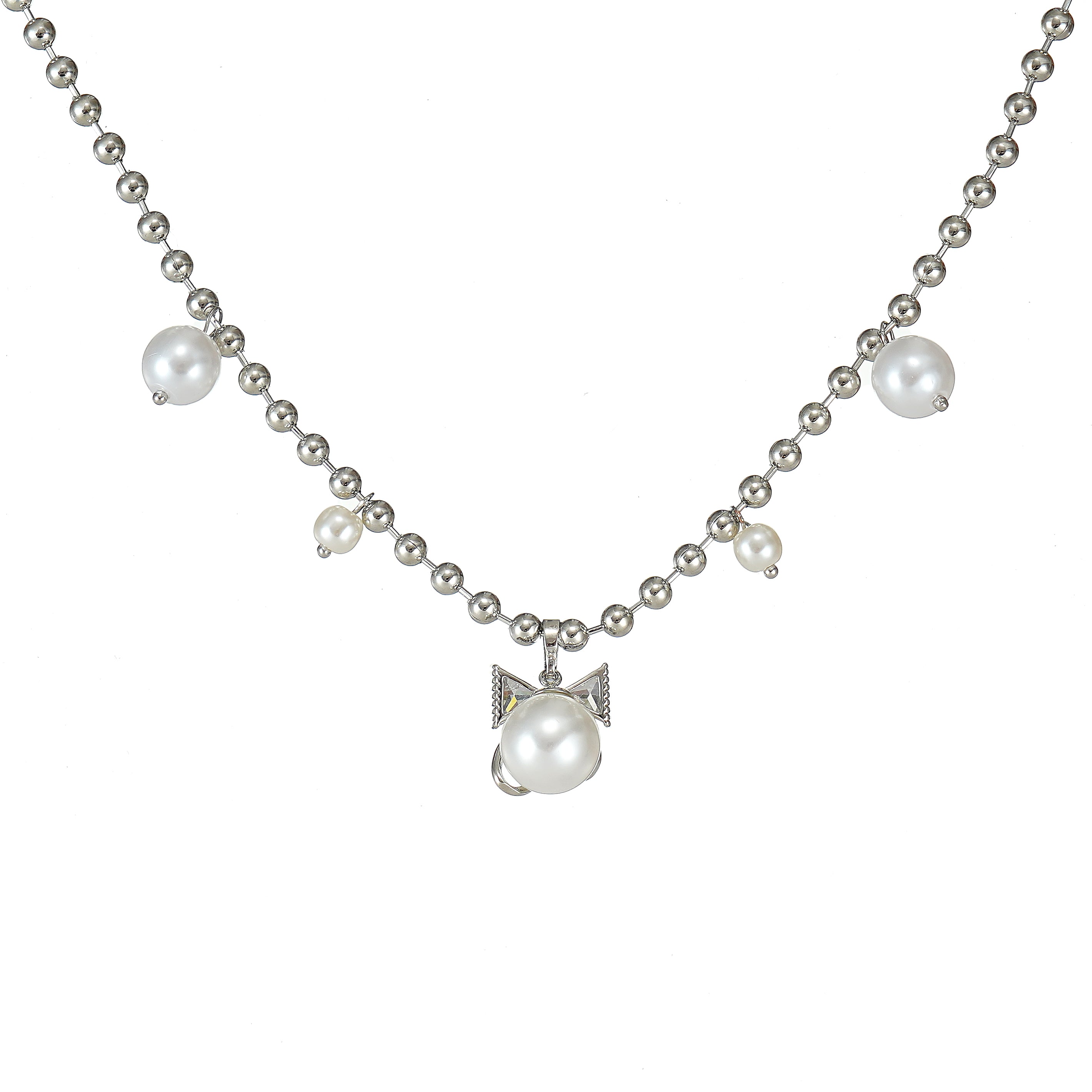 A silver bow necklace with simulated pearls and sparkling CZ stones on a white background.
