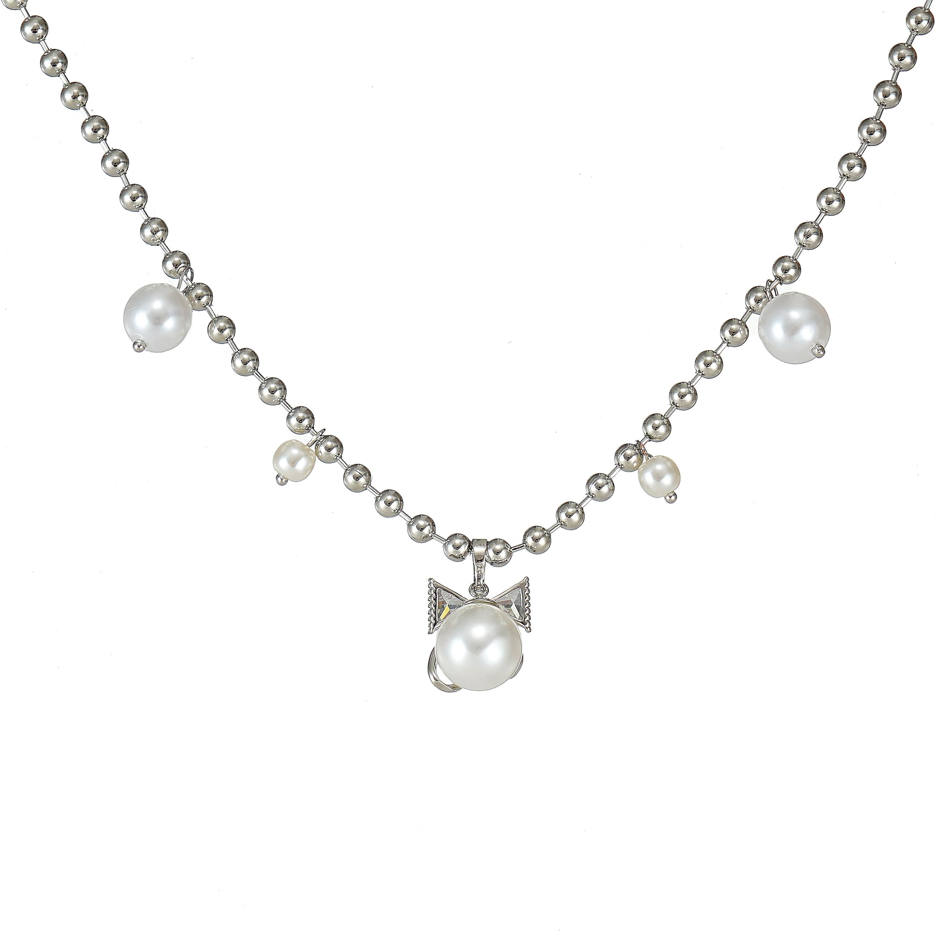 A silver bow necklace with simulated pearls and sparkling CZ stones on a white background.