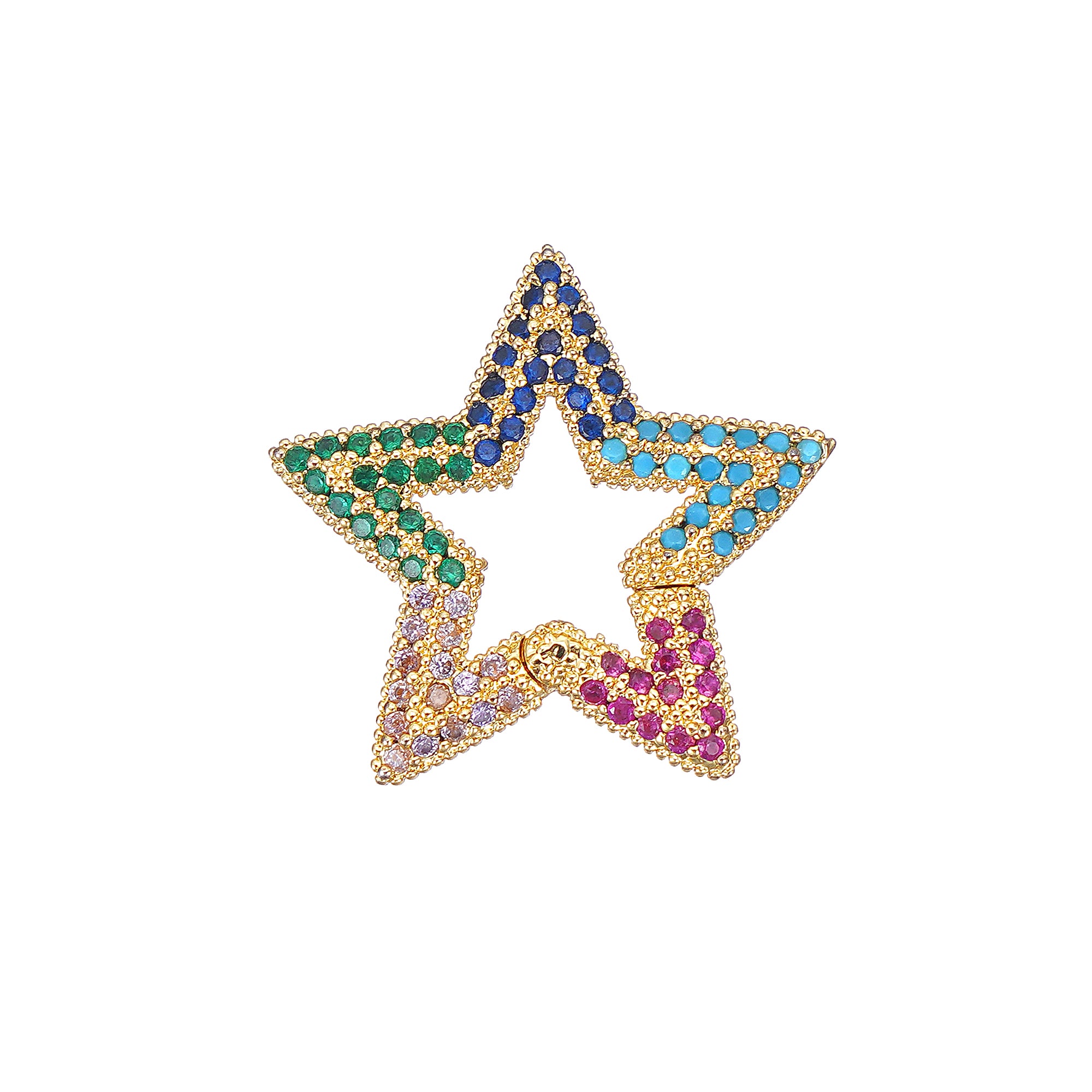 A star-shaped carabiner charm enhancer with a variety of simulated multi-gemstones set in the star's points, all plated in yellow gold.