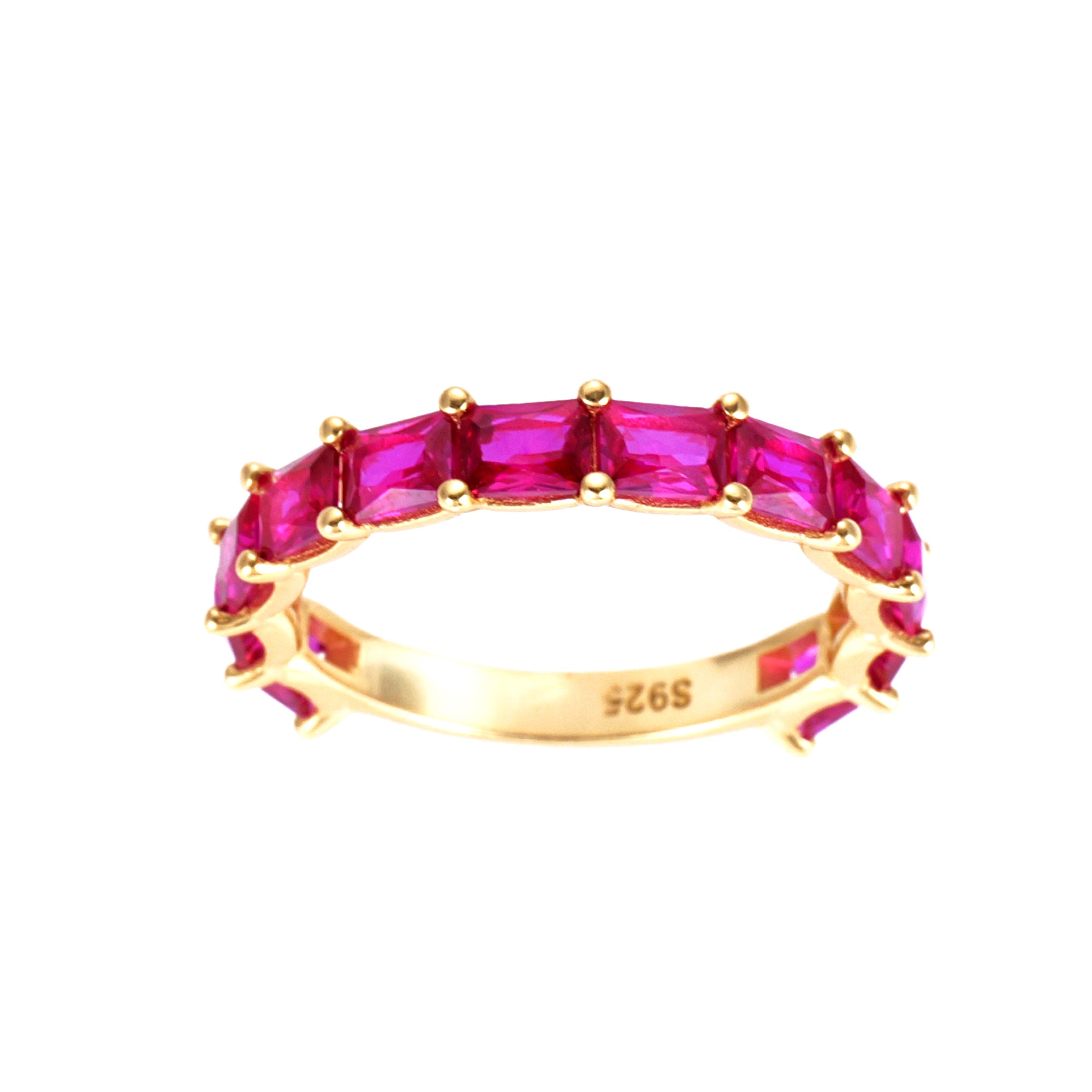 A sterling silver band ring with yellow gold plating and seven octagon-cut simulated ruby cubic zirconia stones.