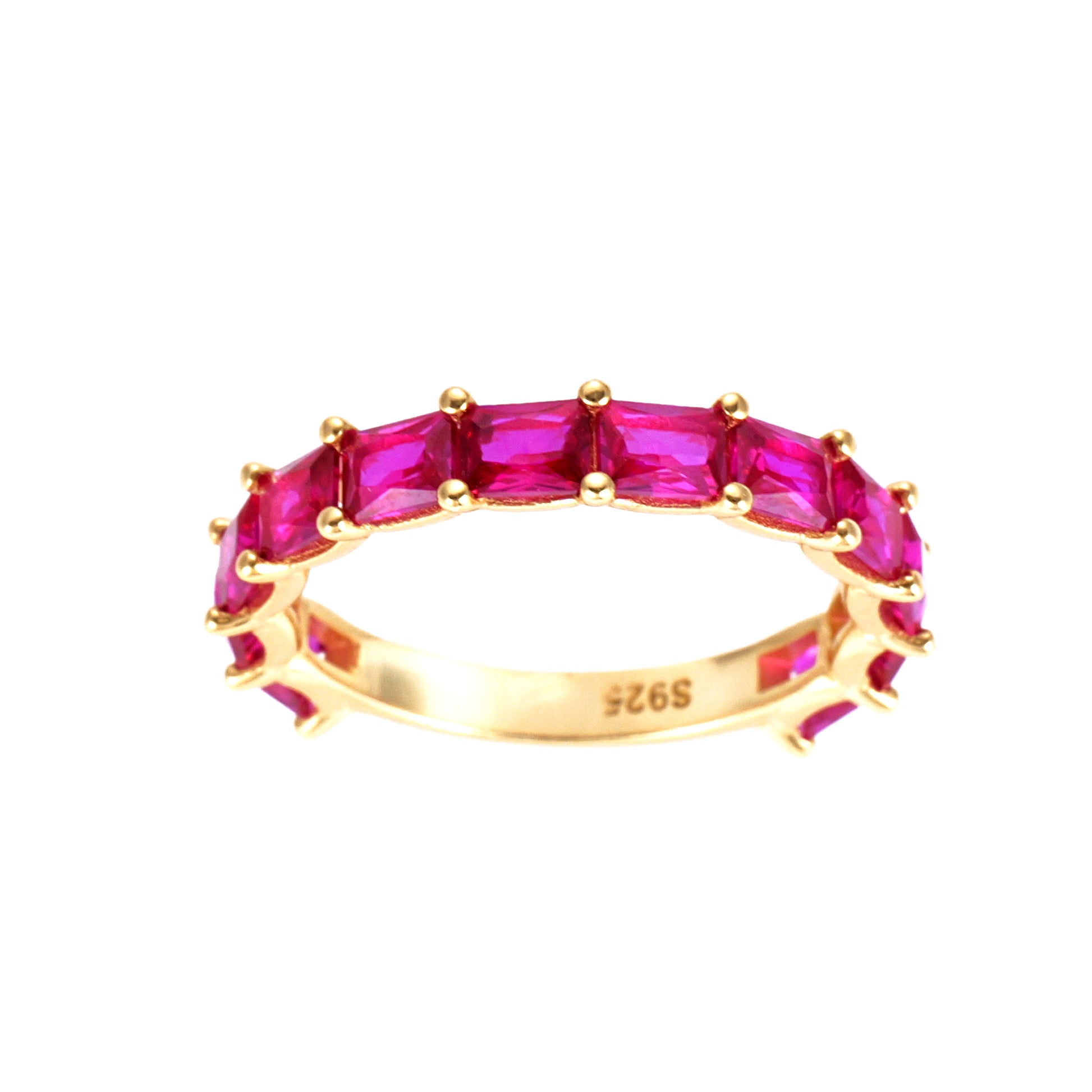 A sterling silver band ring with yellow gold plating and seven octagon-cut simulated ruby cubic zirconia stones.