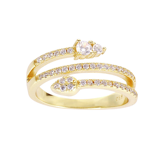 A sterling silver bypass ring with a snake design and sparkling cubic zirconia accents.
