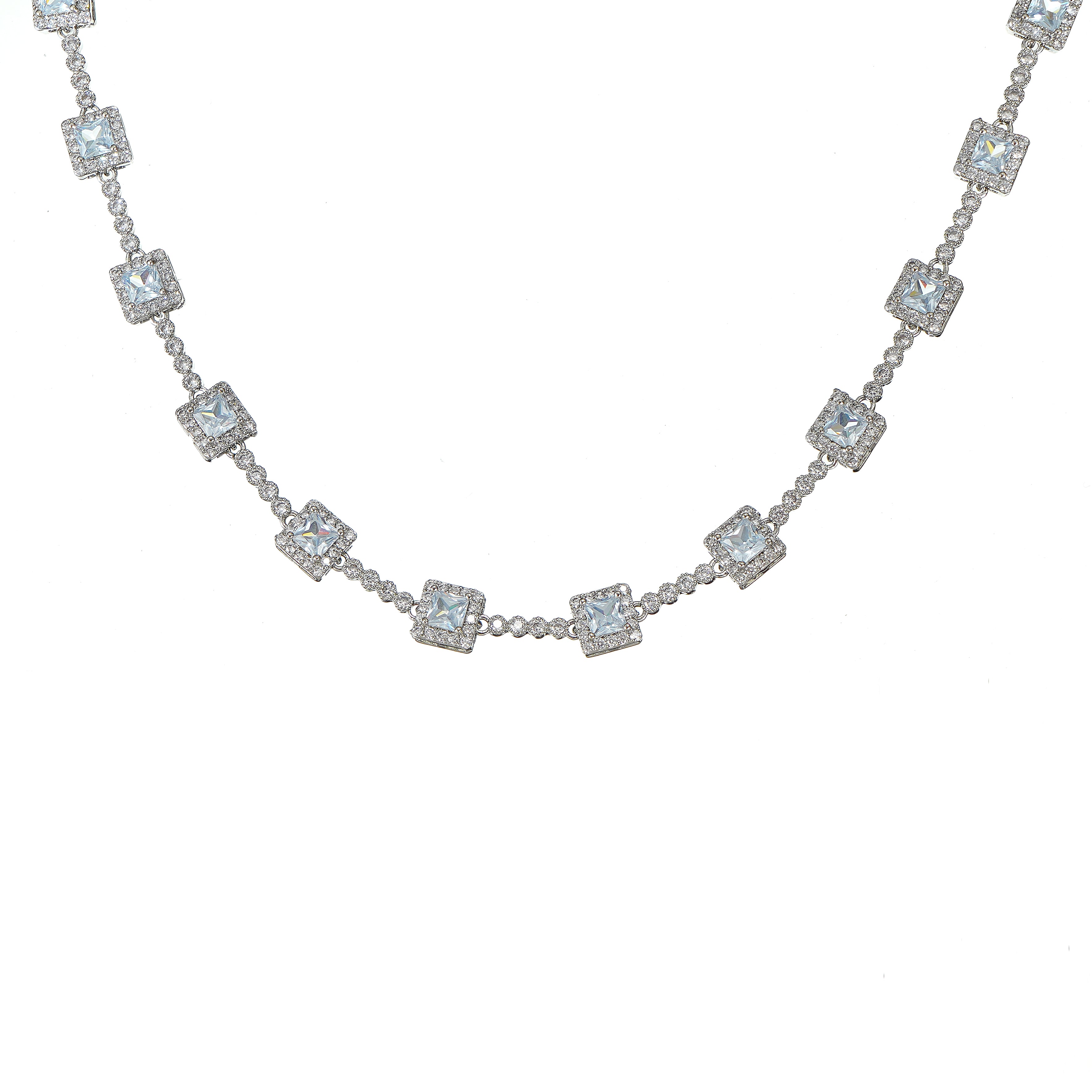A white gold tennis necklace with princess-cut sparkling simulated diamond CZ.