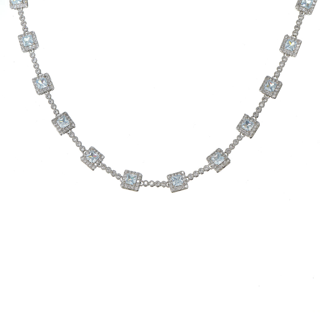 A white gold tennis necklace with princess-cut sparkling simulated diamond CZ.
