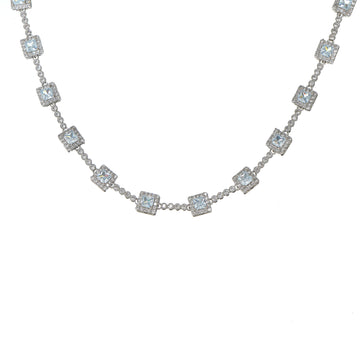 A white gold tennis necklace with princess-cut sparkling simulated diamond CZ.