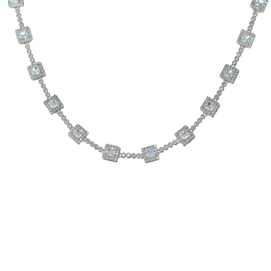 A white gold tennis necklace with princess-cut sparkling simulated diamond CZ.
