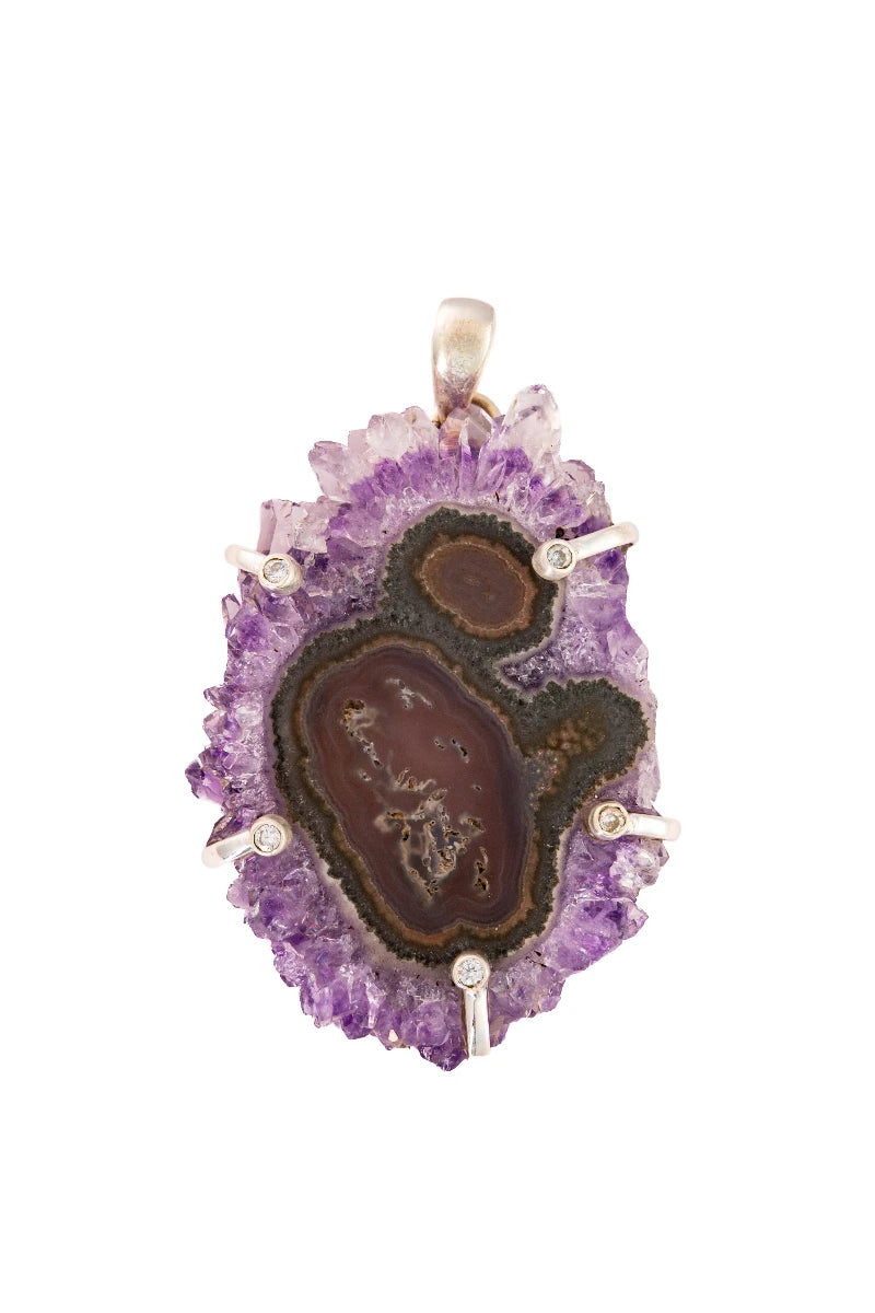 Amethyst Stalactite pendant in silver on a white background