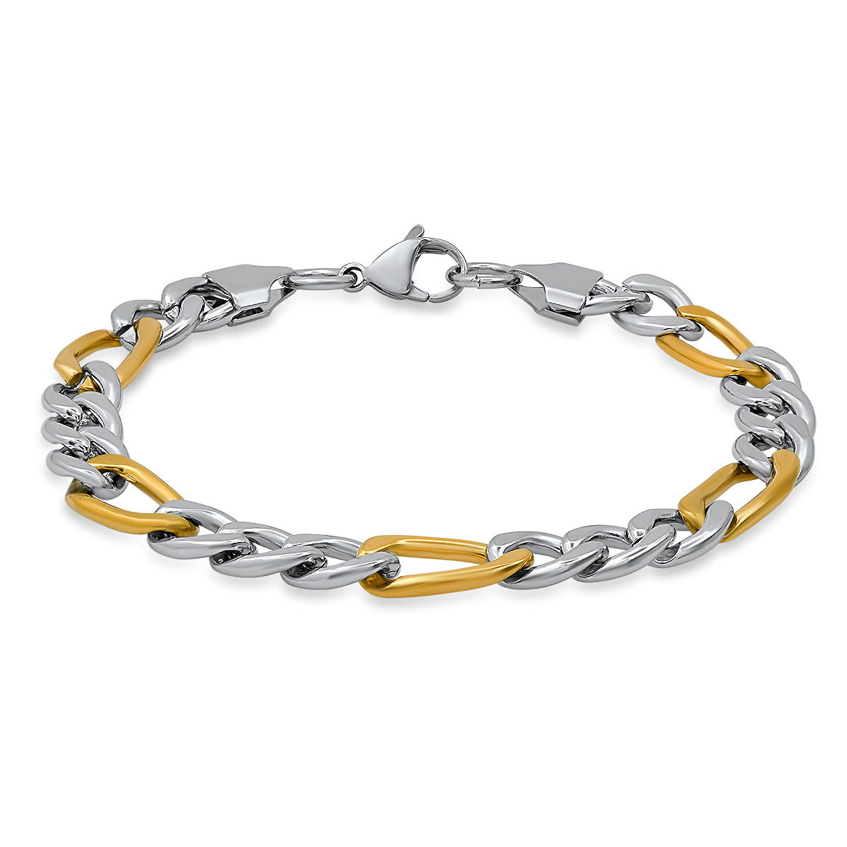 An 18K gold IP plated two-tone stainless steel figaro chain bracelet with a lobster clasp.