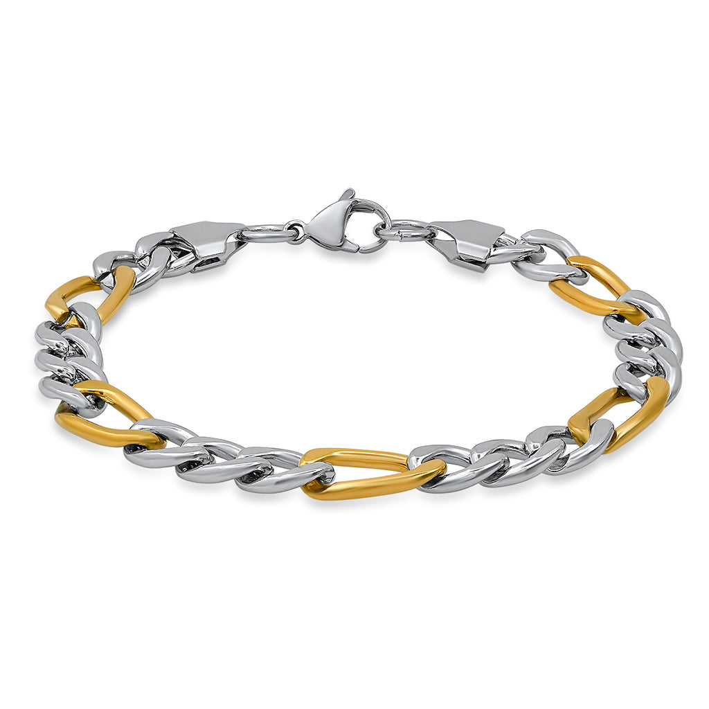 An 18K gold IP plated two-tone stainless steel figaro chain bracelet with a lobster clasp.