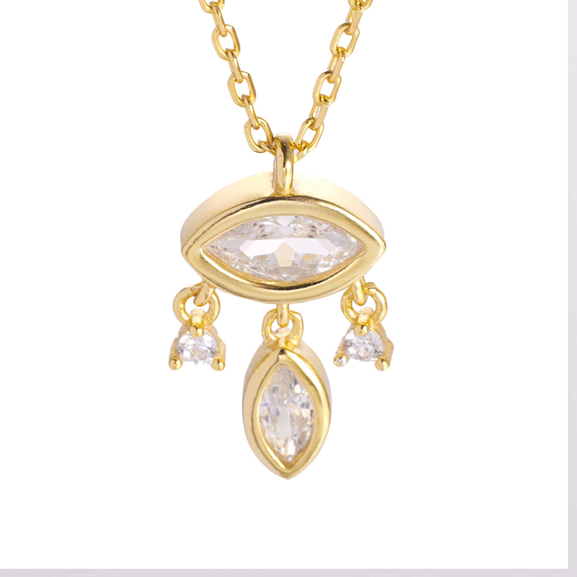 An elegant dangling pendant necklace with a gold-colored chain and a sparkling marquise-cut cubic zirconia pendant.