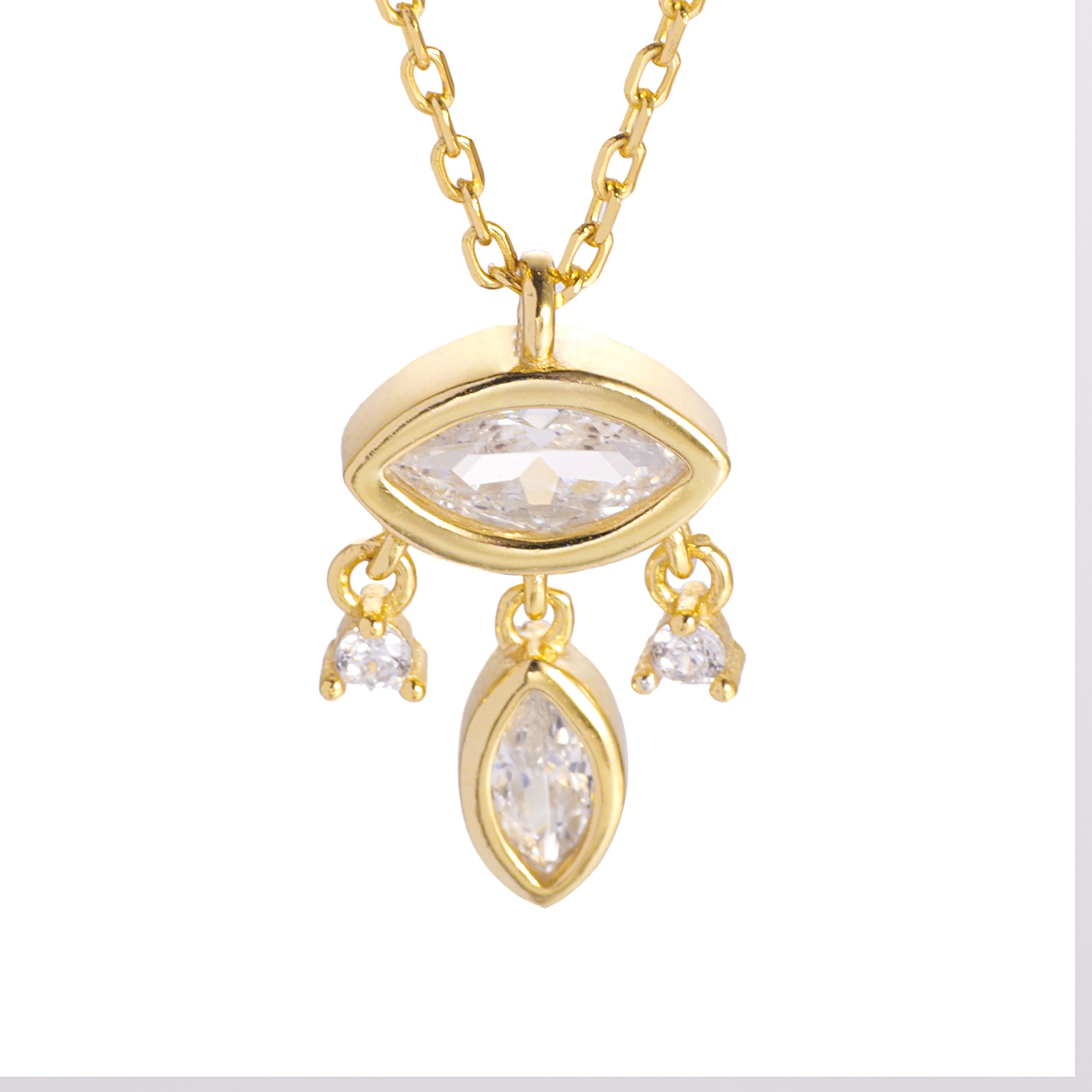 An elegant dangling pendant necklace with a gold-colored chain and a sparkling marquise-cut cubic zirconia pendant.