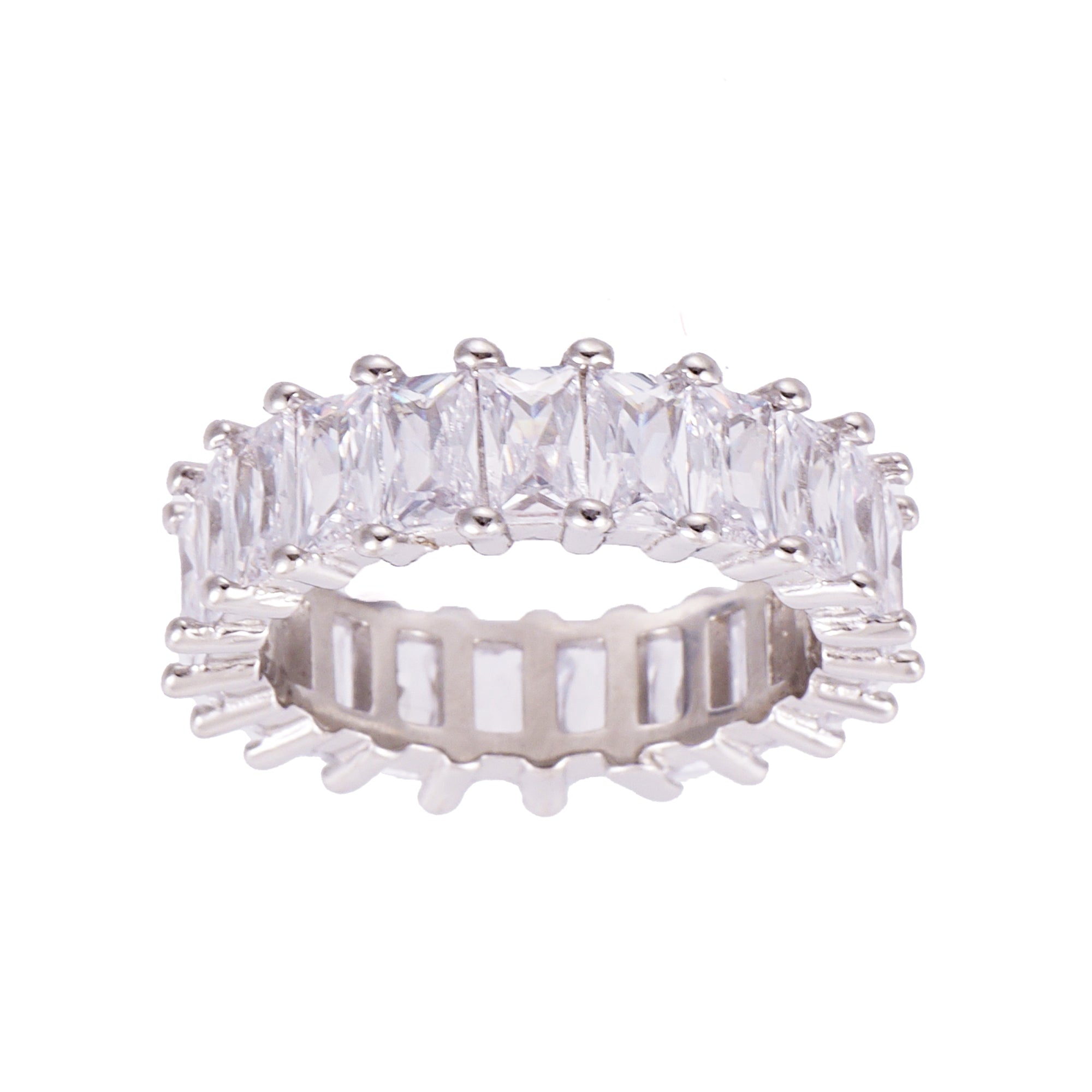 An octagon eternity band ring with sterling silver and sparkling cubic zirconia stones.