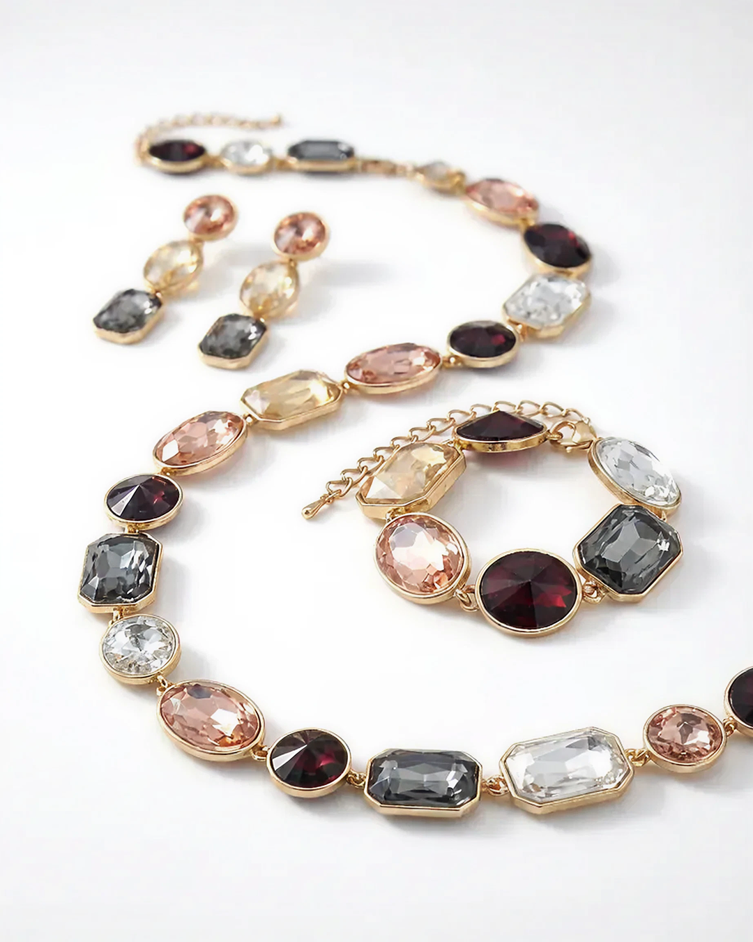 Art Deco Jewelry Set with Multi Color Champagne Crystals in Yellow Gold Brass with 16.5"+2"extender