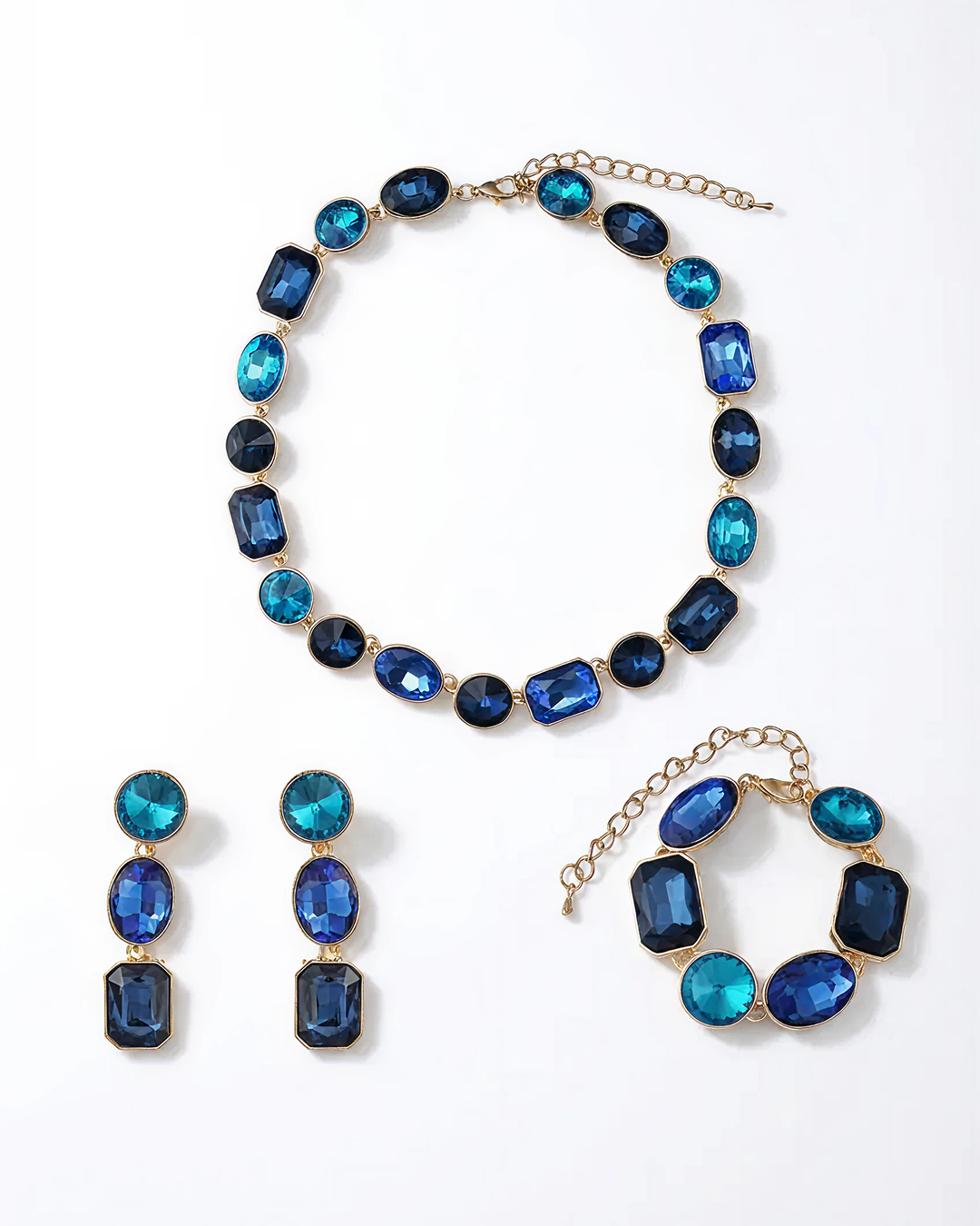 Art Deco Jewelry Set with Multi Color Blue Crystals in Yellow Gold Brass with 16.5"+2"extender