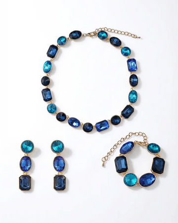 Art Deco Jewelry Set with Multi Color Blue Crystals in Yellow Gold Brass with 16.5"+2"extender