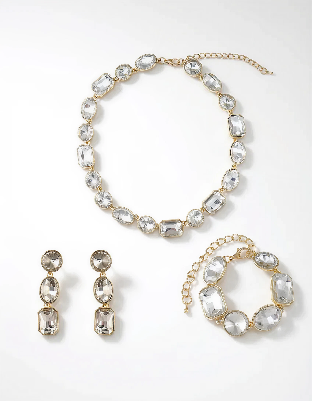 Art Deco Jewelry Set with White Crystals in Yellow Gold Brass-Stars and Vogue