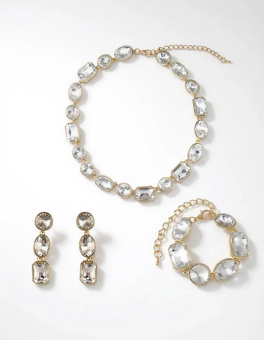 Art Deco Jewelry Set with White Crystals in Yellow Gold Brass-Stars and Vogue