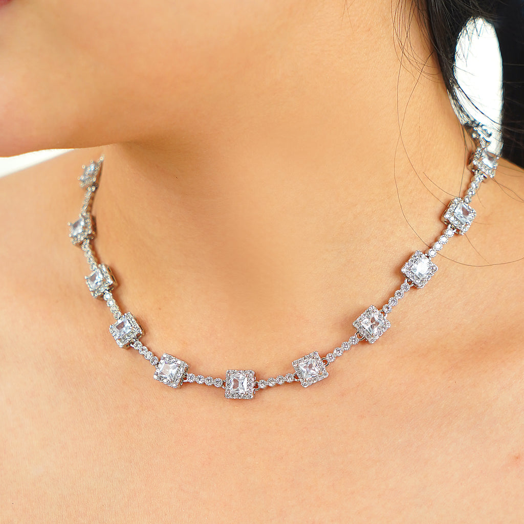 Art Deco inspired princess cut tennis necklace with sparkling simulated diamond stones