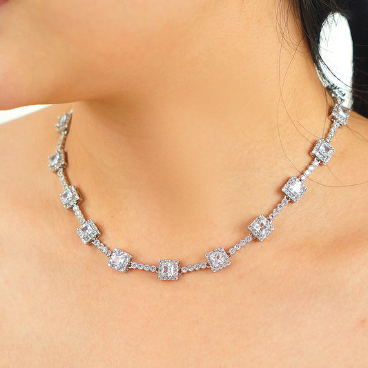 Art Deco inspired princess cut tennis necklace with sparkling simulated diamond stones
