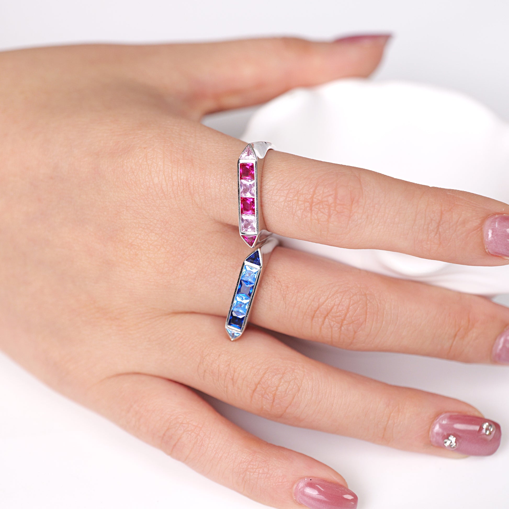 Art Deco style ring with simulated blue sapphire and aquamarine CZ stones