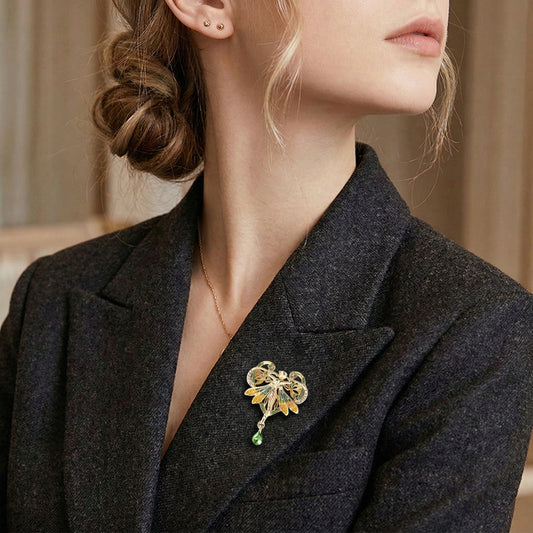 Gold Art Nouveau Fairy Brooch with Enamel Wings & Crystal Dangle — Statement Lapel Pin for Women