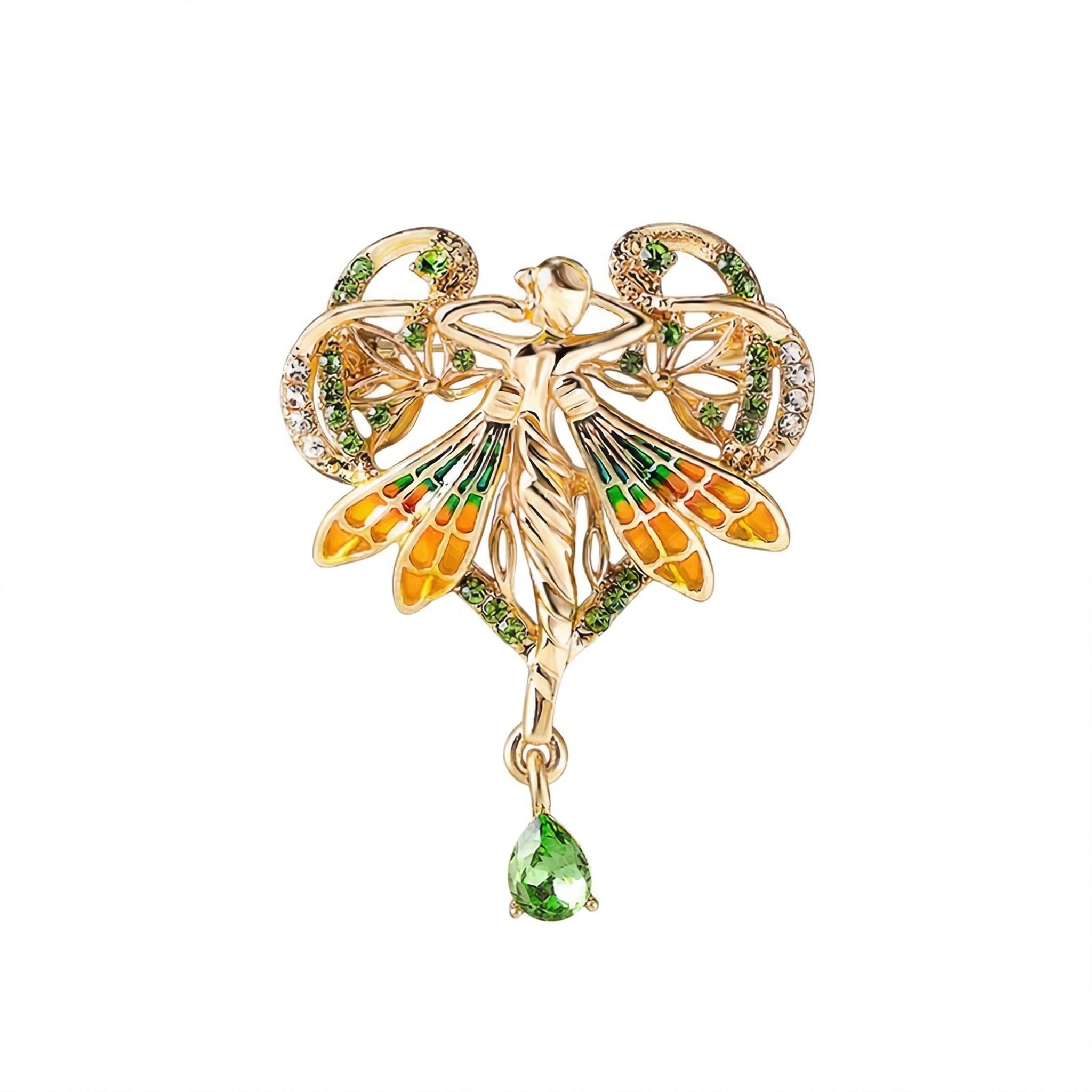 Gold Art Nouveau Fairy Brooch with Enamel Wings & Crystal Dangle — Statement Lapel Pin for Women
