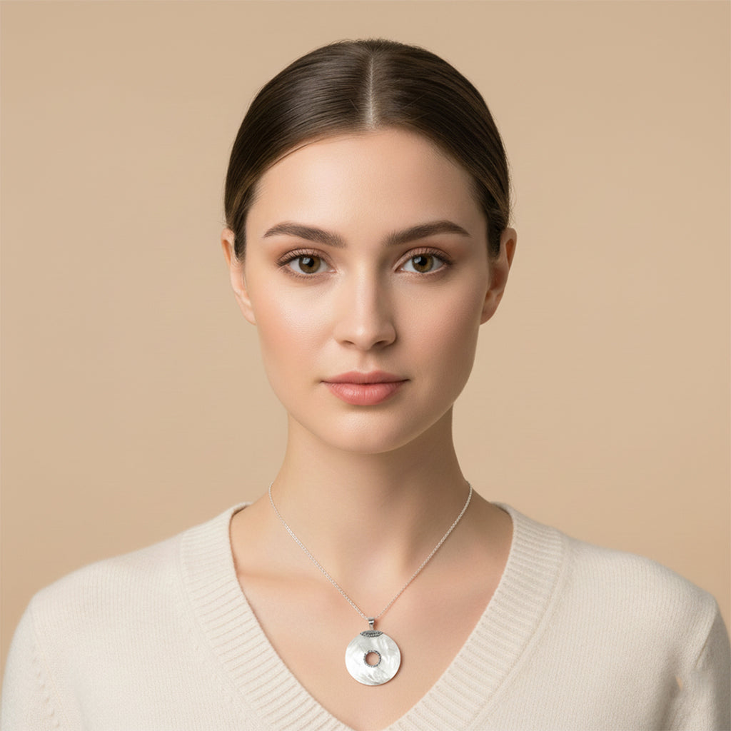 Enchanting Bali Handmade Mother Of Pearl Disc Pendant in Sterling Silver