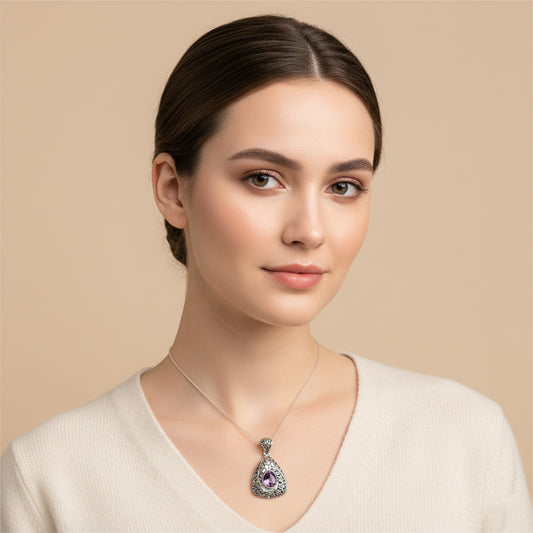Enchanting Bali Handmade Pendant with Pink Amethyst Gemstone in Sterling Silver