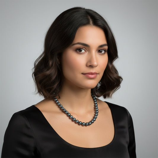 Classic 10mm Black Peacock Shell Pearl Necklace 18 inch with Steel Lock