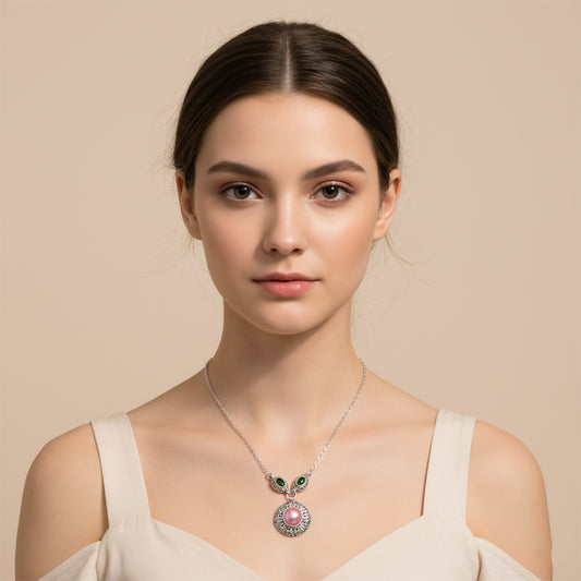 Enchanting Bali Natural Pink Mabe Pearl and Chrome Diopside Necklace in Sterling Silver