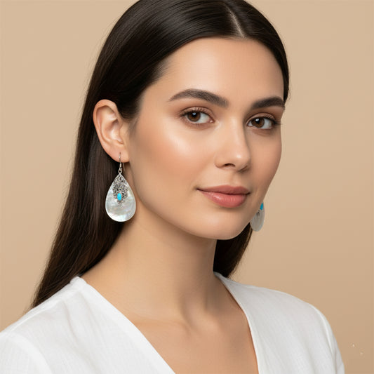 Enchanting Bali Mother of Pearl and Sleeping beauty Turquoise Artisan Crafted Earring in Sterling Silver