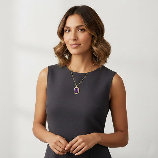 Stainless Steel 18K Gold IP Solitaire Purple Cubic Zirconia Paper Clip Pendant Necklace 18 inch with 2inch extender