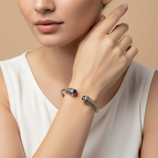 Enchanting Bali Handmade Hinged Cuff Bangle with Amethyst in Sterling Silver