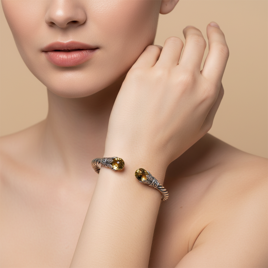 Enchanting Bali Handmade Hinged Cuff Bangle with Briolette Peridot in Sterling Silver