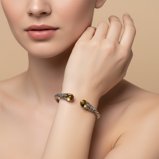 Enchanting Bali Handmade Hinged Cuff Bangle with Briolette Peridot in Sterling Silver