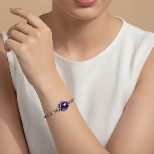 Enchanting Bali Handmade adjustable Tulang Naga Bracelet with Charoite Gemstone in Sterling Silver