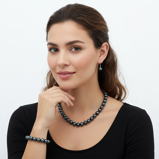 Classic 10mm Round Peacock Shell Pearl Set Necklace 18inch, Bracelet 7inch and Earrings with Steel Lock