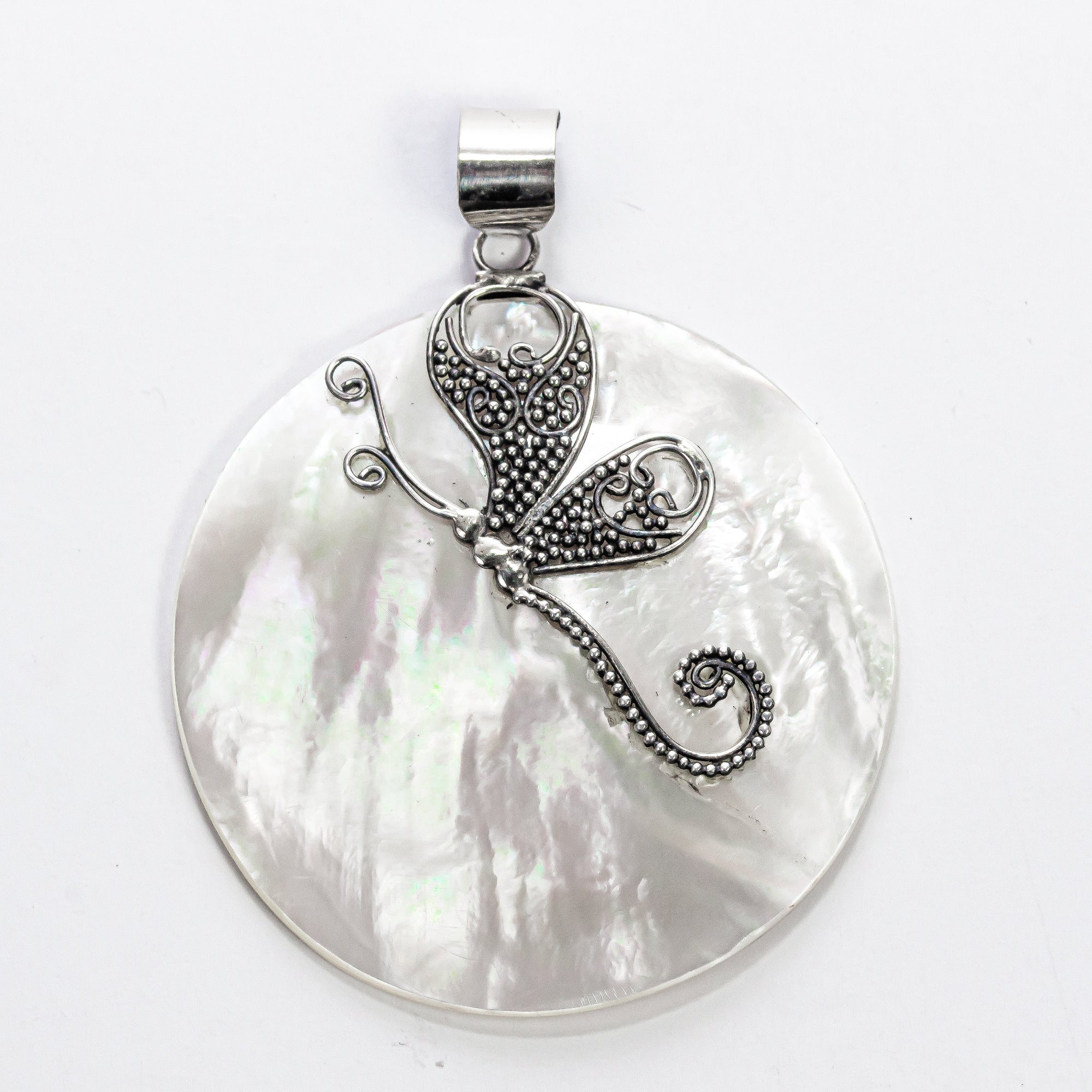 Enchanting Bali Handmade Round Mother Of Pearl and Dragonfly Pendant in Sterling Silver