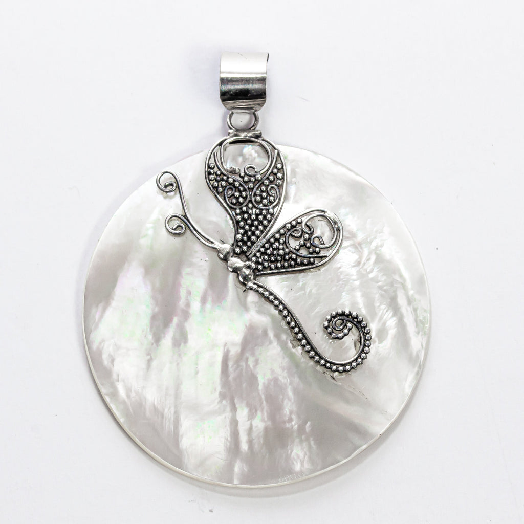 Enchanting Bali Handmade Round Mother Of Pearl and Dragonfly Pendant in Sterling Silver