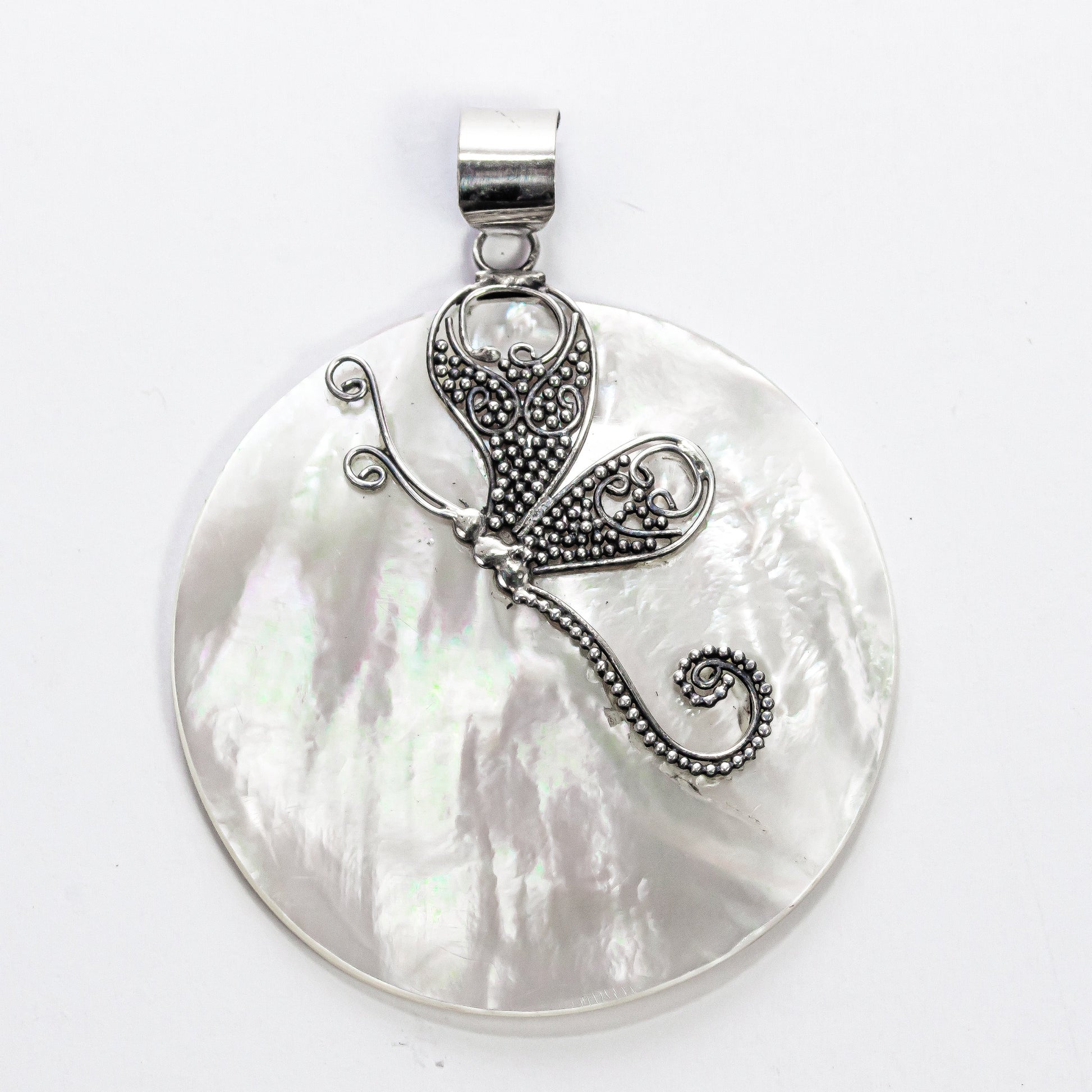 Enchanting Bali Handmade Round Mother Of Pearl and Dragonfly Pendant in Sterling Silver