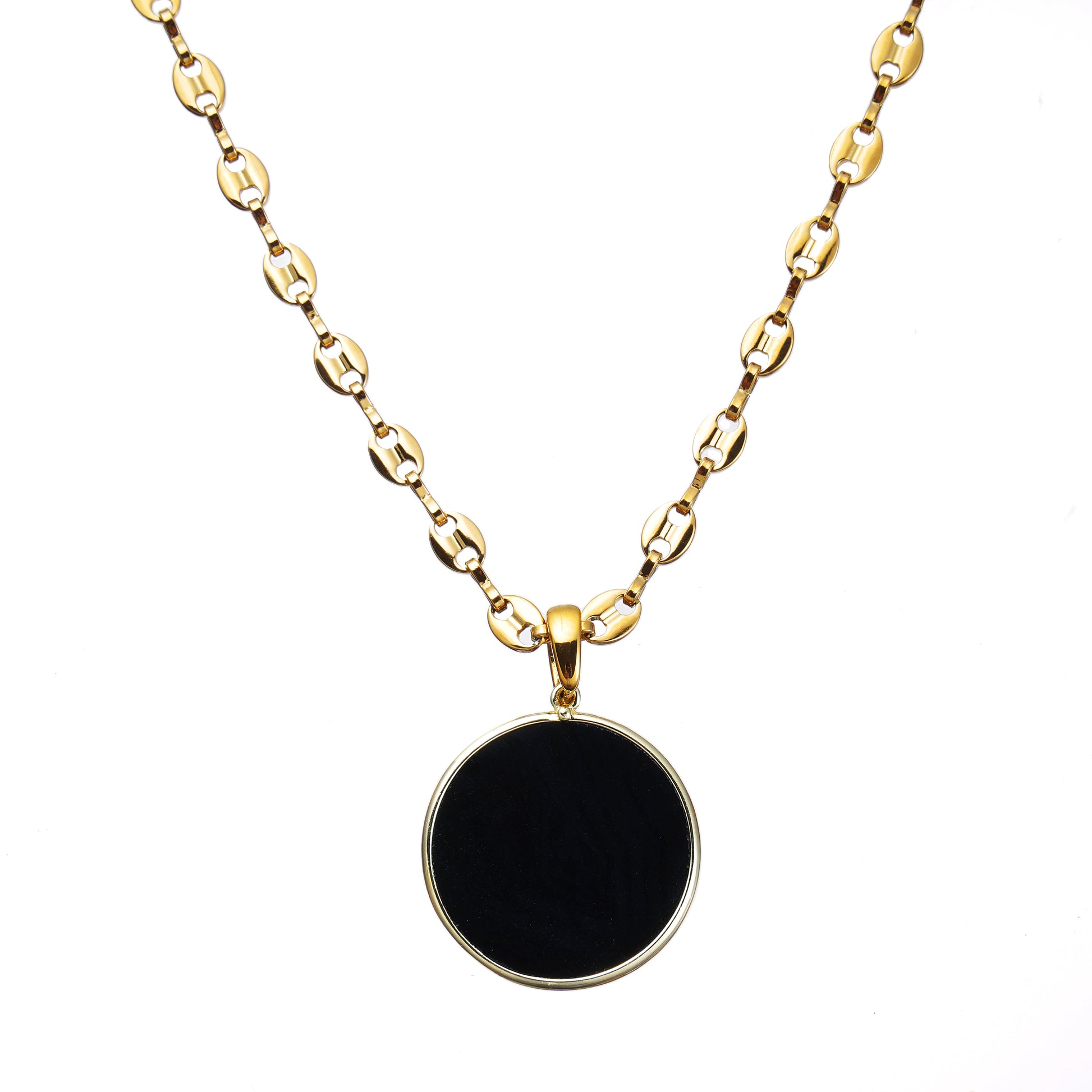 Black necklace with a round gemstone pendant on a white background