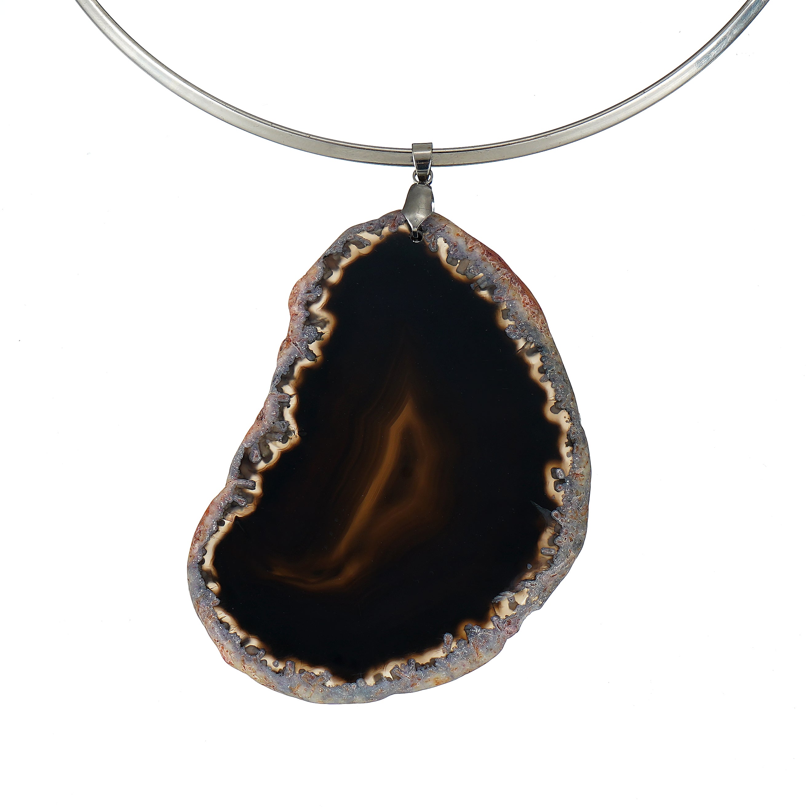 Black Slice Agate Pendant Necklace Jewelry with Surgical Steel Collar Neck Wire