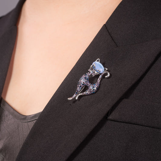blue cat's eye cat brooch pin with silver-tone metal finish